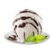 White creamy ice cream scoop with chocolate sauce and fresh green mint on white plate isolated, closeup. Template for restaurant m
