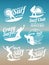 White creative summer surfing sports vector logos collection with surfer, surf board and ocean wave