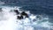 A white crested wave crashes on black lava rocks on Atlantic coast