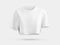 White crop top mockup with round neckline, 3D rendering, female t-shirt with label, isolated on background, front view