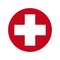 White cross in a red circle. First aid icon. Vector illustration