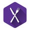White Crossed fork and knife icon isolated with long shadow. Restaurant icon. Purple hexagon button