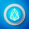 White Cryptocurrency coin EOS icon isolated on blue background. Digital currency. Altcoin symbol. Blockchain based