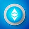 White Cryptocurrency coin Ethereum classic ETC icon isolated on blue background. Digital currency. Altcoin symbol