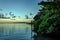 White Cumulostratus or Cumulus clouds over a lagoon on Samoa