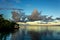 White Cumulostratus or Cumulus clouds over a lagoon on Samoa