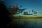 White Cumulostratus or Cumulus clouds over a lagoon on Samoa