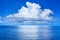 White cumulus clouds in blue sky over sea landscape, big cloud above ocean water panorama, seascape panoramic view, cloudy weather