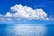 White cumulus clouds in blue sky over sea landscape, big cloud above ocean water panorama, seascape panoramic view, cloudy weather