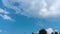 White Cumulus Clouds Swirl over the trees on a sunny summer day against the blue sky.