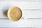 White cup of coffe , Copy Space on white wooden background