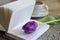 White cup with coffee cappuccino, book and purple tulips