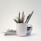 A white cup filled with lots of pencils. AI generative image