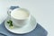 A white cup of fresh milk on a white background with sprigs of white flowers that complement the composition, tasty, healthy