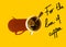 White cup of freshly brewed coffee with foamy crema tea spoon on solid yellow background top view. Hand lettering