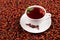 White cup of herbal hibiscus tea and dried rosehips against a background of dried rosehip berries. Close-up, selective focus