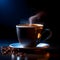 White cup with hot coffee on saucer, dark background