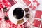 White cup of Hot Coffee on the White Background Christmas Woolen White and Red Blanket Cones Christmas Morning Breakfast Red Gift