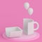 White cup on a pink minimalist background. Ð¡offee and tea cup with clouds and balloons.