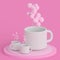 White cup on a pink minimalist background. Ð¡offee and tea cup with clouds and balloons.
