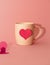 White cup with red heart on it on a pink background. Fastive composition for Valentins Day