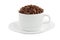 White cup and saucer with coffee beans