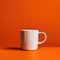 A white cup sitting on top of an orange table. AI generative image.