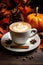 white cup of spike - shaped coffee on a white plate on a wooden table next to a coffee beans and a few pumpkin