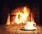 White cup of tea with teabag on wooden table.