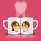 White cups with loving couple kissing