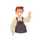 White curly boy wearing overalls and sweater wave hello. Little kid waving bye with his raised hand. Vector Illustration
