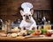 White cute french bulldog wearing chef clothes cooking.