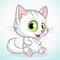 White cute kitty with green eyes sitting. Vector cartoon cat
