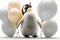 White cute little penguin with golden festive balloons. Photorealistic shot generated by AI