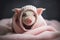 White cute mini pig sitting under a soft knitted blanket. Generative AI