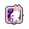 White cute rabbit with a rainbow paw shows a gesture of peace. A colorful, bright icon with a character, clouds and stars. Vector