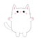 White cute sad cat baby kitten. Pink paw print hand hug. Blush cheeks. Contour silhouette. Kawaii animal. Cartoon kitty character.