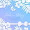 White cutout paper tropical flowers on blue