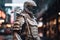 White cyberpunk samurai in armor on cyberpunk city street with reflections. Highly detailed and realistic with dramatic lighting