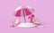 White cylinder podium empty and beach chair set for summer sea with umbrella,Inflatable flamingo,sandals,rubber raft,monstera leaf