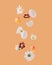 White daisies, tulips, roses, Easter eggs and various flowers floating on orange background. Minimal and creative spring concept