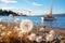 White dandelions on the beach background