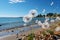 White dandelions on the beach background