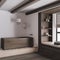 White and dark farmhouse bathroom with wooden bathtub. Window with bench and pillows, plaster concrete walls. Japandi interior