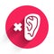 White Deafness icon isolated with long shadow. Deaf symbol. Hearing impairment. Red circle button. Vector