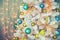 White decorative xmas tree with colourful balls, vintage toned, christmas