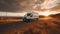 A White Delivery Van Transported on a road at sunset. Transport. Generative Ai