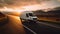 A White Delivery Van Transported on a road at sunset. Transport. Generative Ai