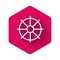White Dharma wheel icon isolated with long shadow background. Buddhism religion sign. Dharmachakra symbol. Pink hexagon