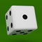 White dice with black dots hanging in half turn showing number 1 isolated on green background